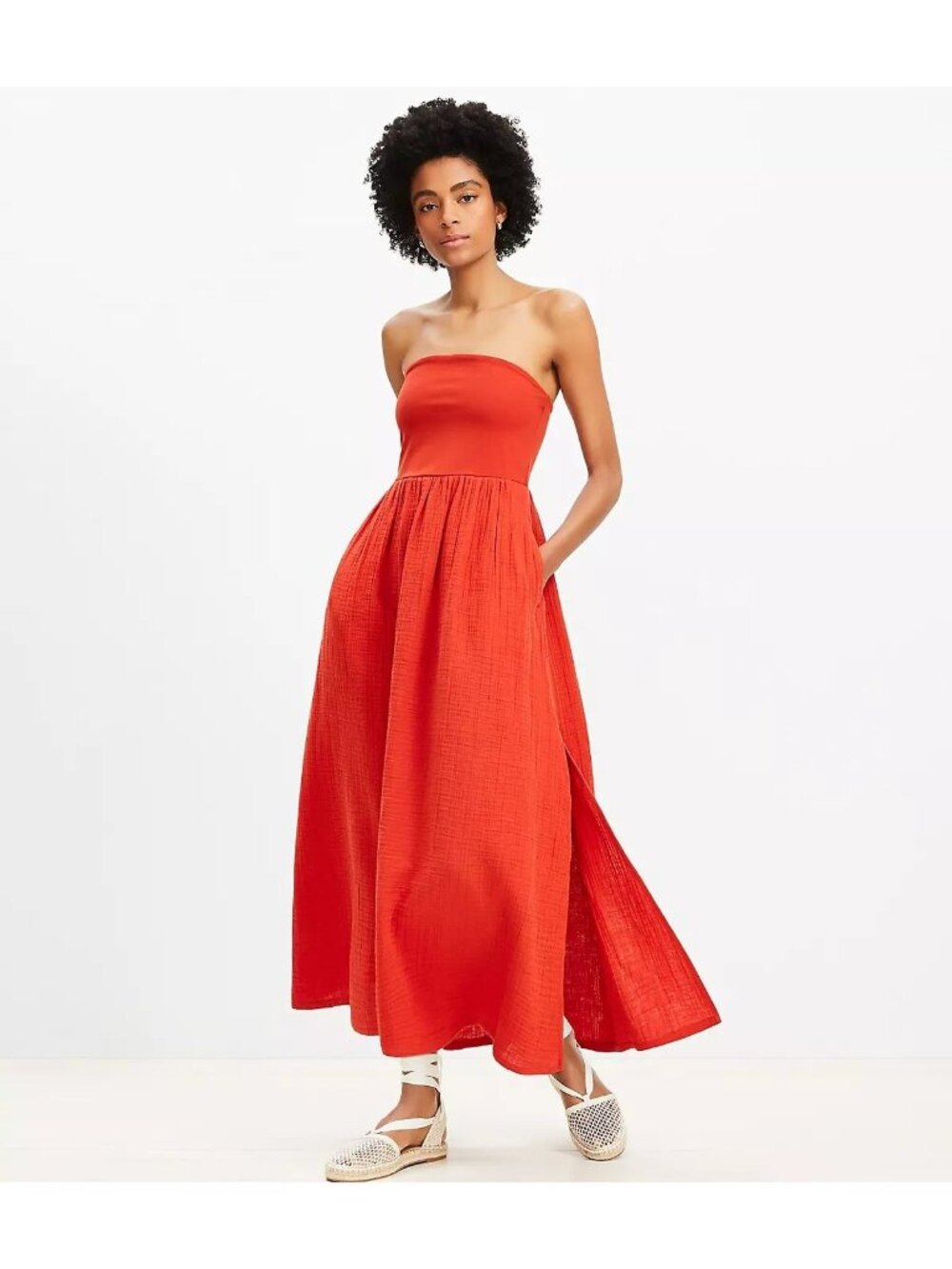 LOFT Beach Strapless Mixed Media Gauzy Pockets Maxi Dress Sz L Rust Red